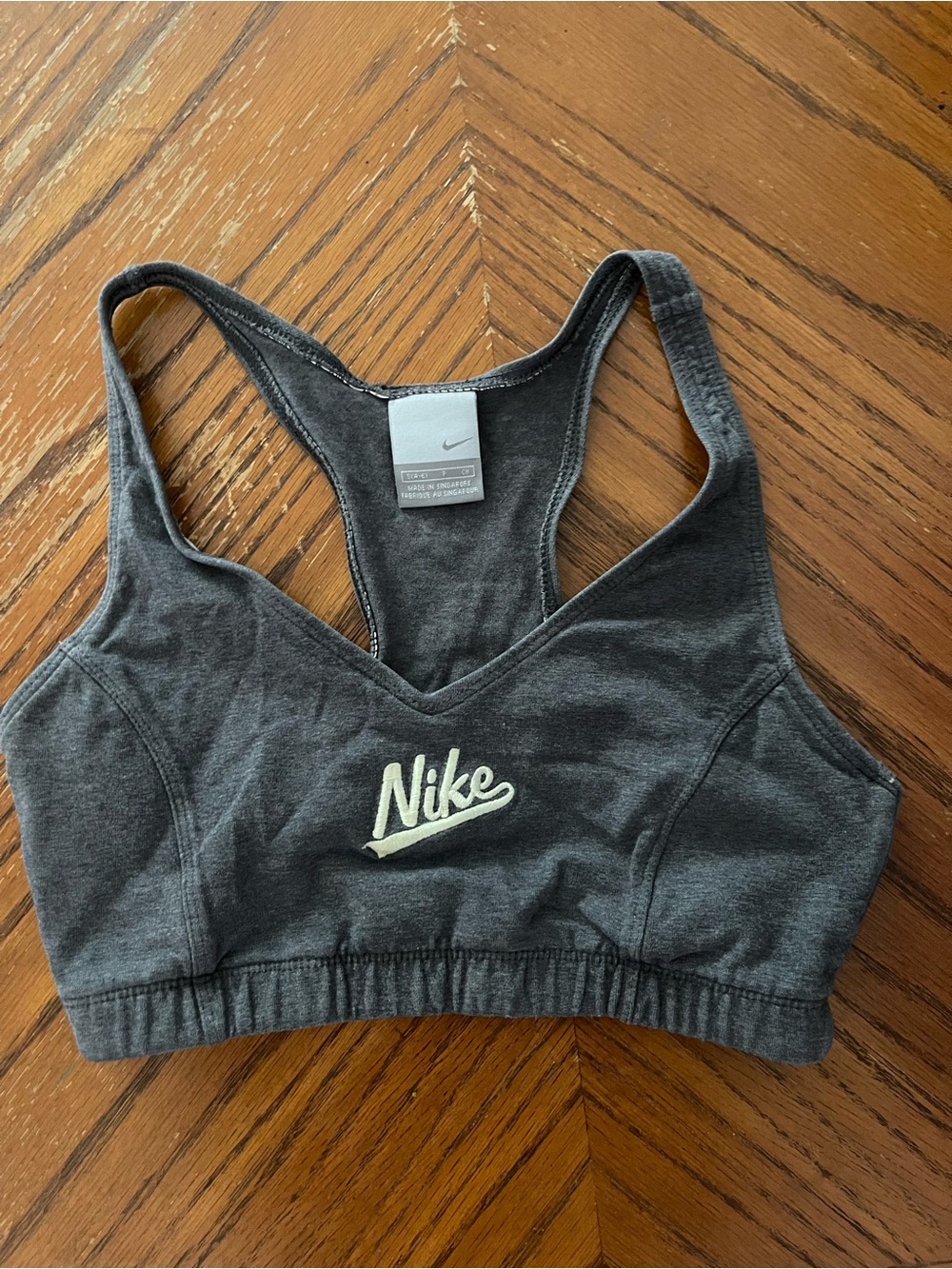 Nike Charcoal Gray Racerback Sports Bra with White Logo